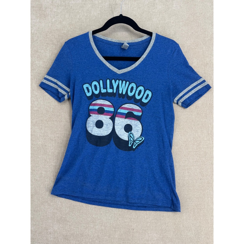 Jerzees Women Blue Dollywood 86 Graphic Ringer V-Neck T-Shirt Small Tri-Blend